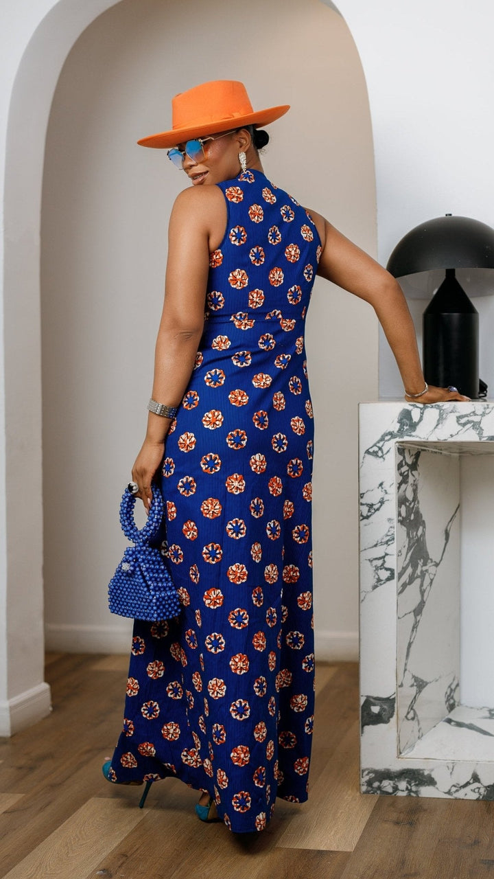 HALIMA AFRICAN PRINT MAXI FRONT ZIP DRESS [BLUE] - Especially Yours