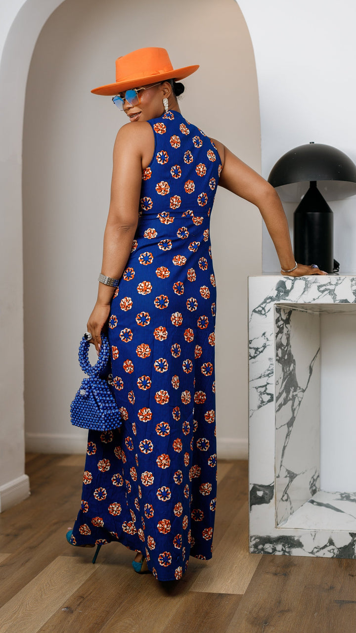 HALIMA AFRICAN PRINT MAXI FRONT ZIP DRESS [BLUE]