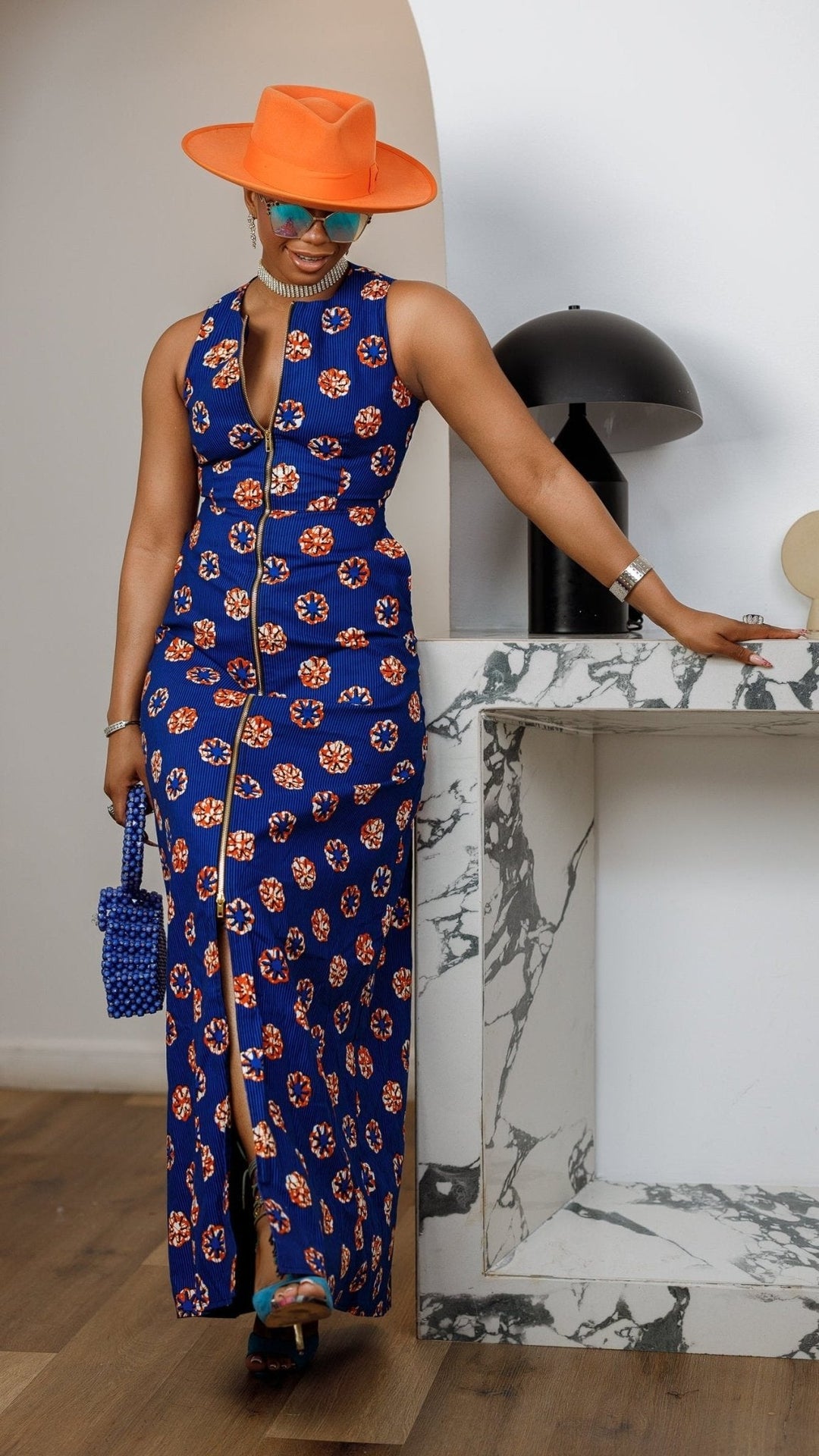 HALIMA AFRICAN PRINT MAXI FRONT ZIP DRESS [BLUE] - Especially Yours