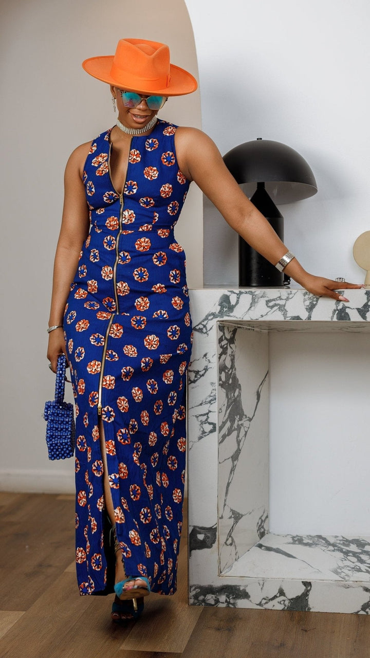 HALIMA AFRICAN PRINT MAXI FRONT ZIP DRESS [BLUE] - Especially Yours