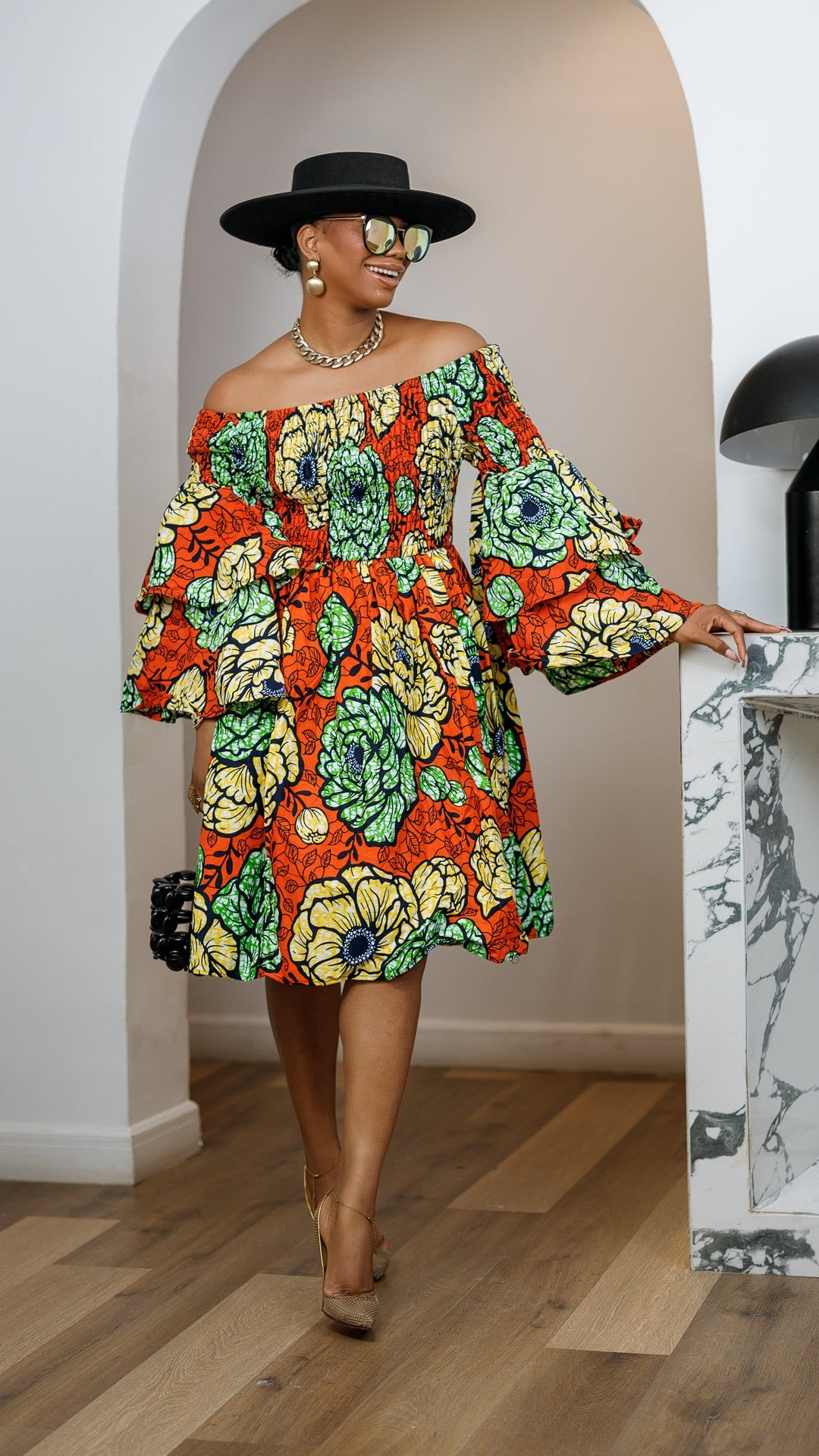 BISI AFRICAN PRINT SMOCKED OFF SHOULDER MIDI DRESS [ORANGE]