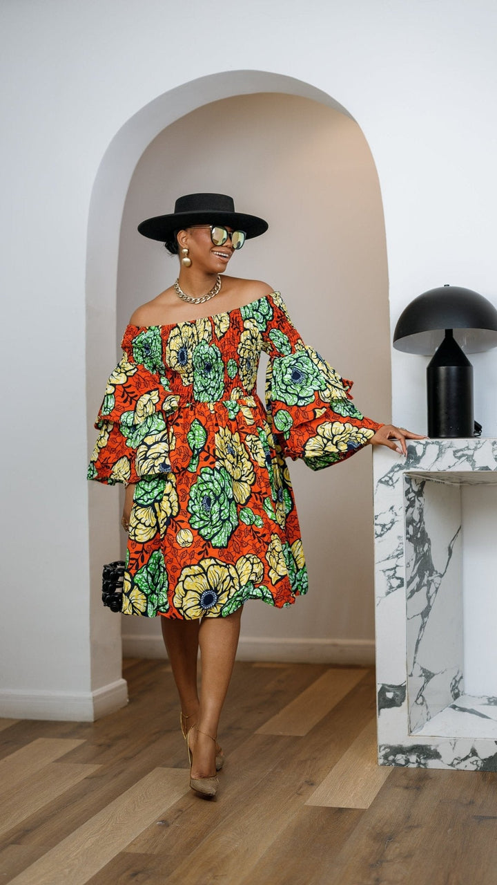BISI AFRICAN PRINT SMOCKED OFF SHOULDER MIDI DRESS [ORANGE] - Especially Yours