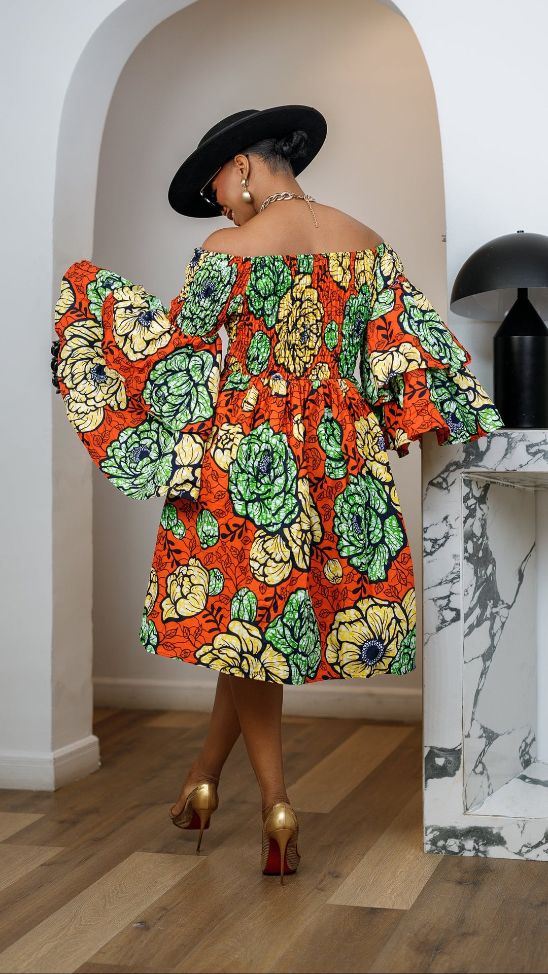 BISI AFRICAN PRINT SMOCKED OFF SHOULDER MIDI DRESS [ORANGE]