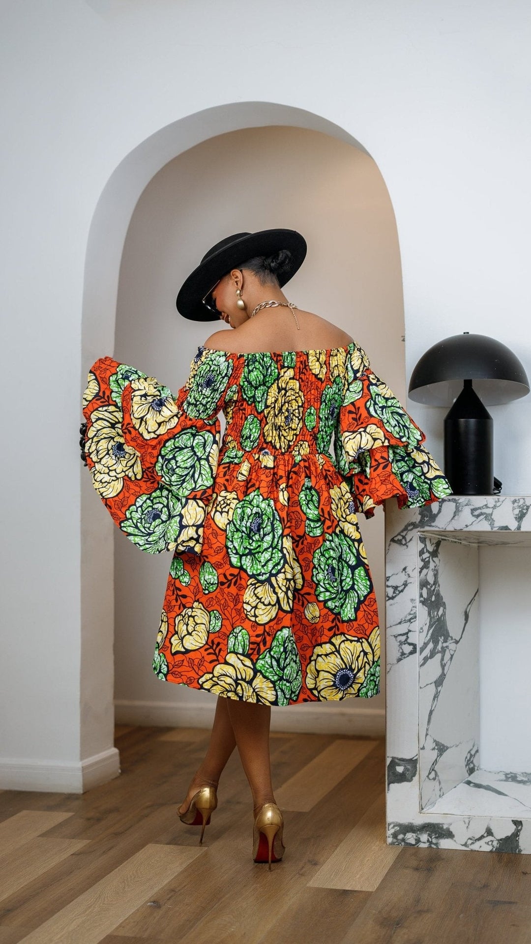 BISI AFRICAN PRINT SMOCKED OFF SHOULDER MIDI DRESS [ORANGE] - Especially Yours