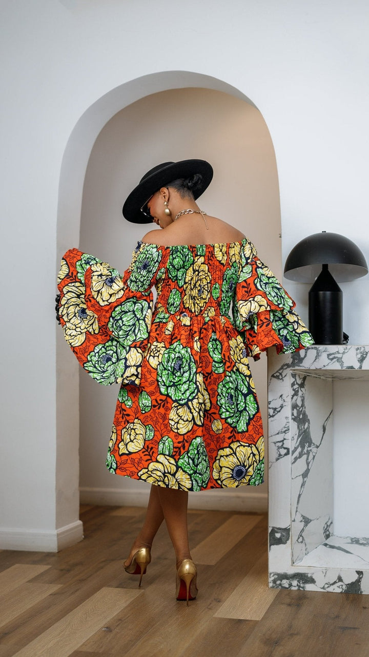 BISI AFRICAN PRINT SMOCKED OFF SHOULDER MIDI DRESS [ORANGE] - Especially Yours