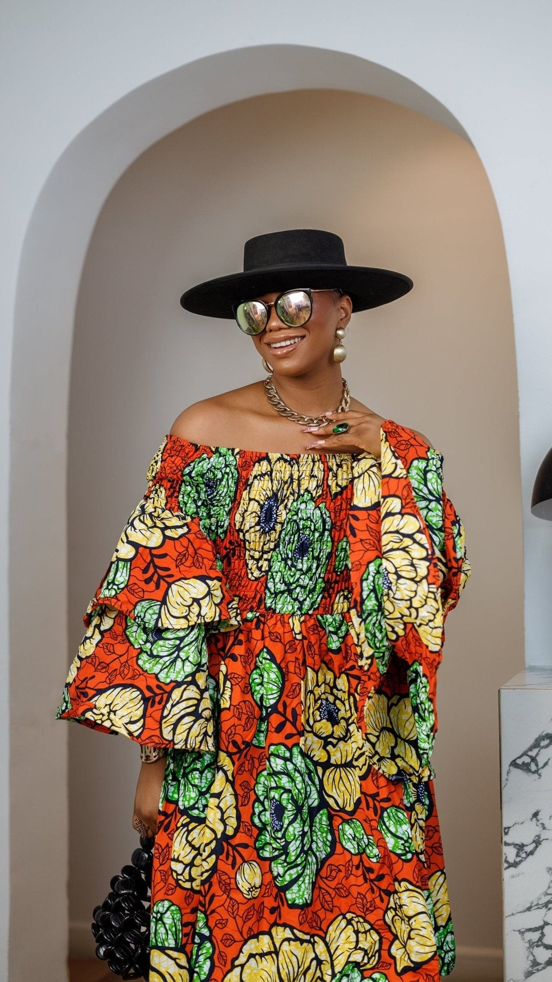 BISI AFRICAN PRINT SMOCKED OFF SHOULDER MIDI DRESS [ORANGE] - Especially Yours