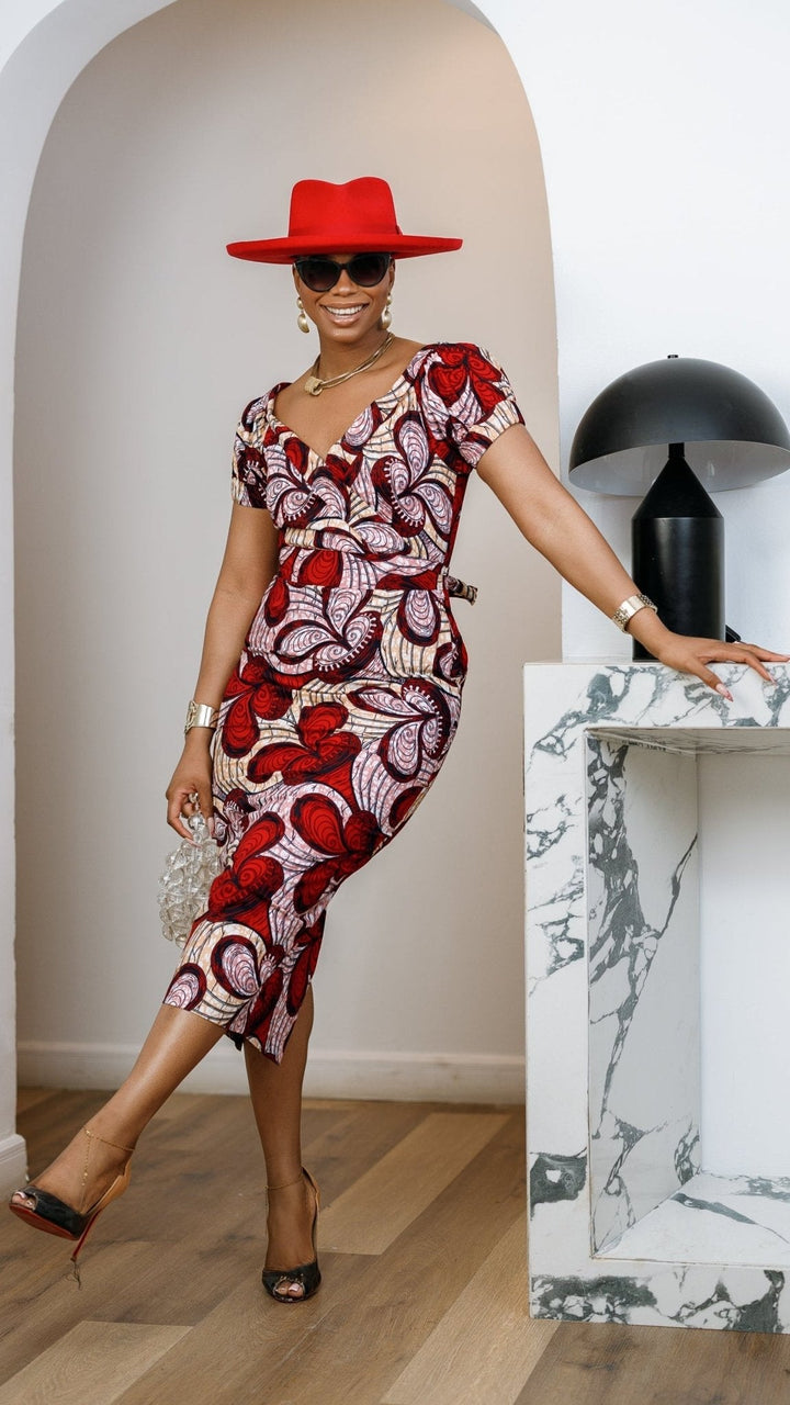 IDIA AFRICAN PRINT V-NECK PUFF SLEEVE MIDI DRESS [RED] - Especially Yours