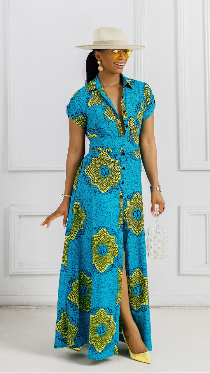 NANNY AFRICAN PRINT MAXI A-LINE SHIRT DRESS [TEAL]