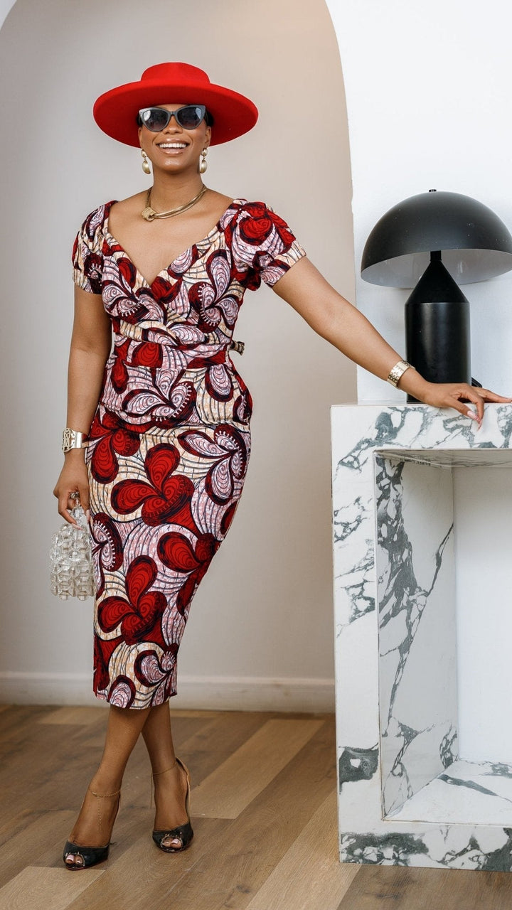 IDIA AFRICAN PRINT V-NECK PUFF SLEEVE MIDI DRESS [RED] - Especially Yours