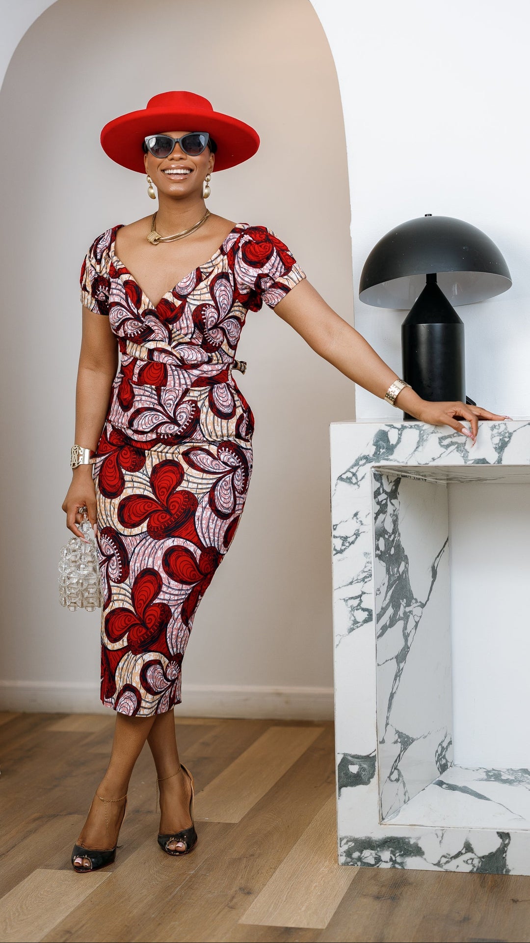 IDIA AFRICAN PRINT V-NECK PUFF SLEEVE MIDI DRESS [RED]