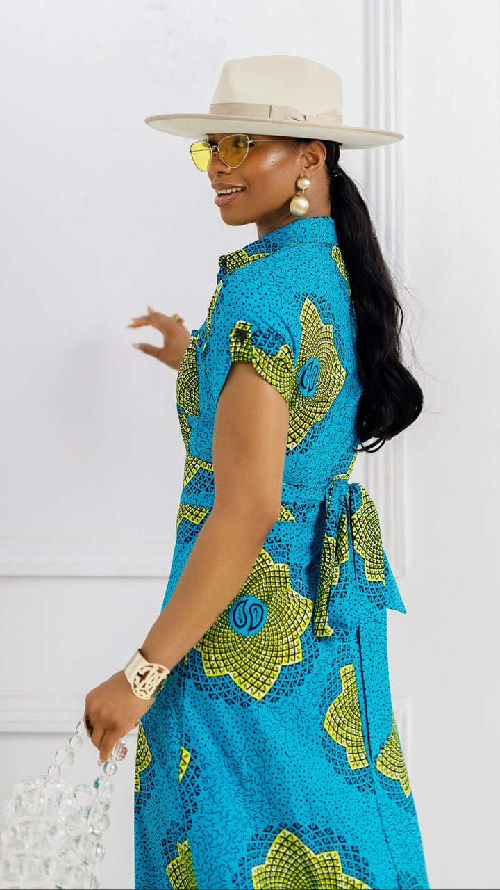 NANNY AFRICAN PRINT MAXI A-LINE SHIRT DRESS [TEAL]