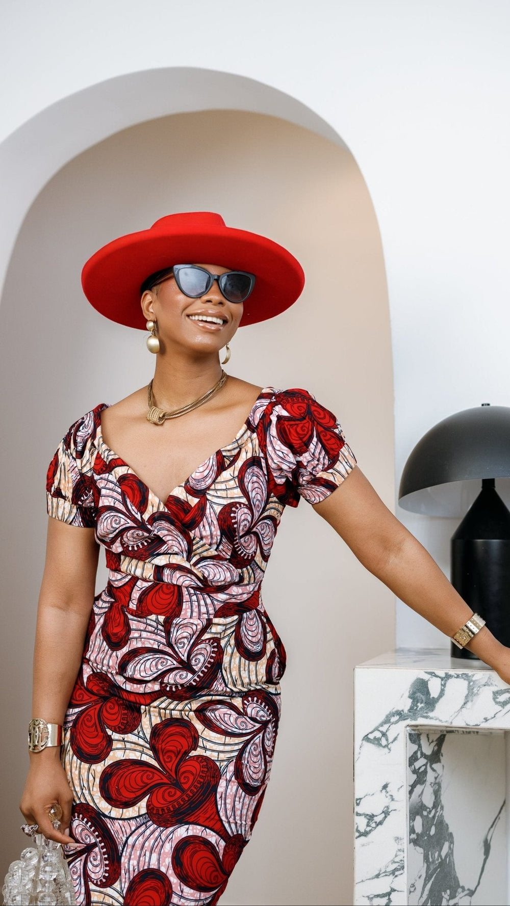IDIA AFRICAN PRINT V-NECK PUFF SLEEVE MIDI DRESS [RED] - Especially Yours