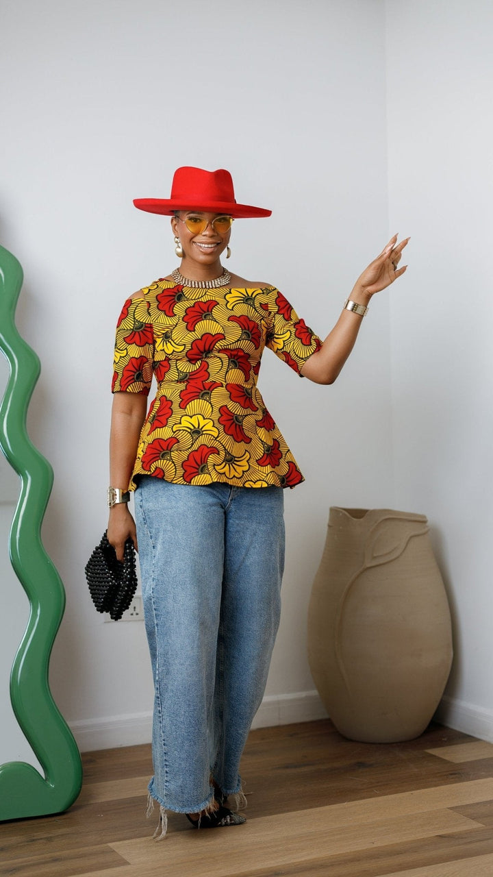 IMARA AFRICAN PRINT ASYMMETRIC PEPLUM TOP [ORANGE] - Especially Yours