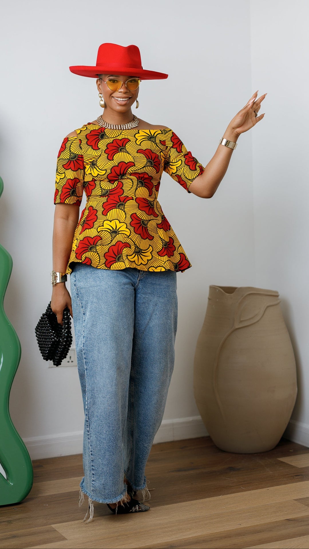 IMARA AFRICAN PRINT ASYMMETRIC PEPLUM TOP [ORANGE]----FINAL SALE