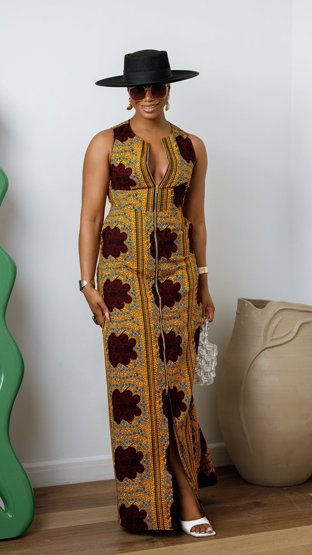 HALIMA AFRICAN PRINT MAXI FRONT ZIP DRESS [YELLOW]