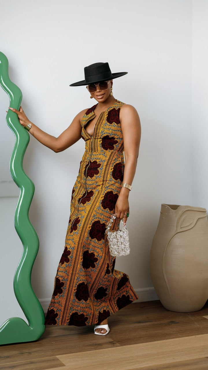 HALIMA AFRICAN PRINT MAXI FRONT ZIP DRESS [YELLOW] - Especially Yours
