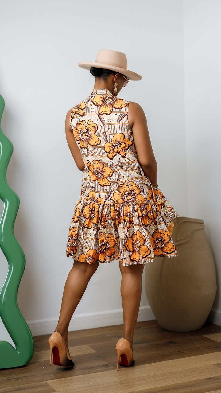 LAILA AFRICAN PRINT SLEEVELESS TIERED BUTTON DRESS