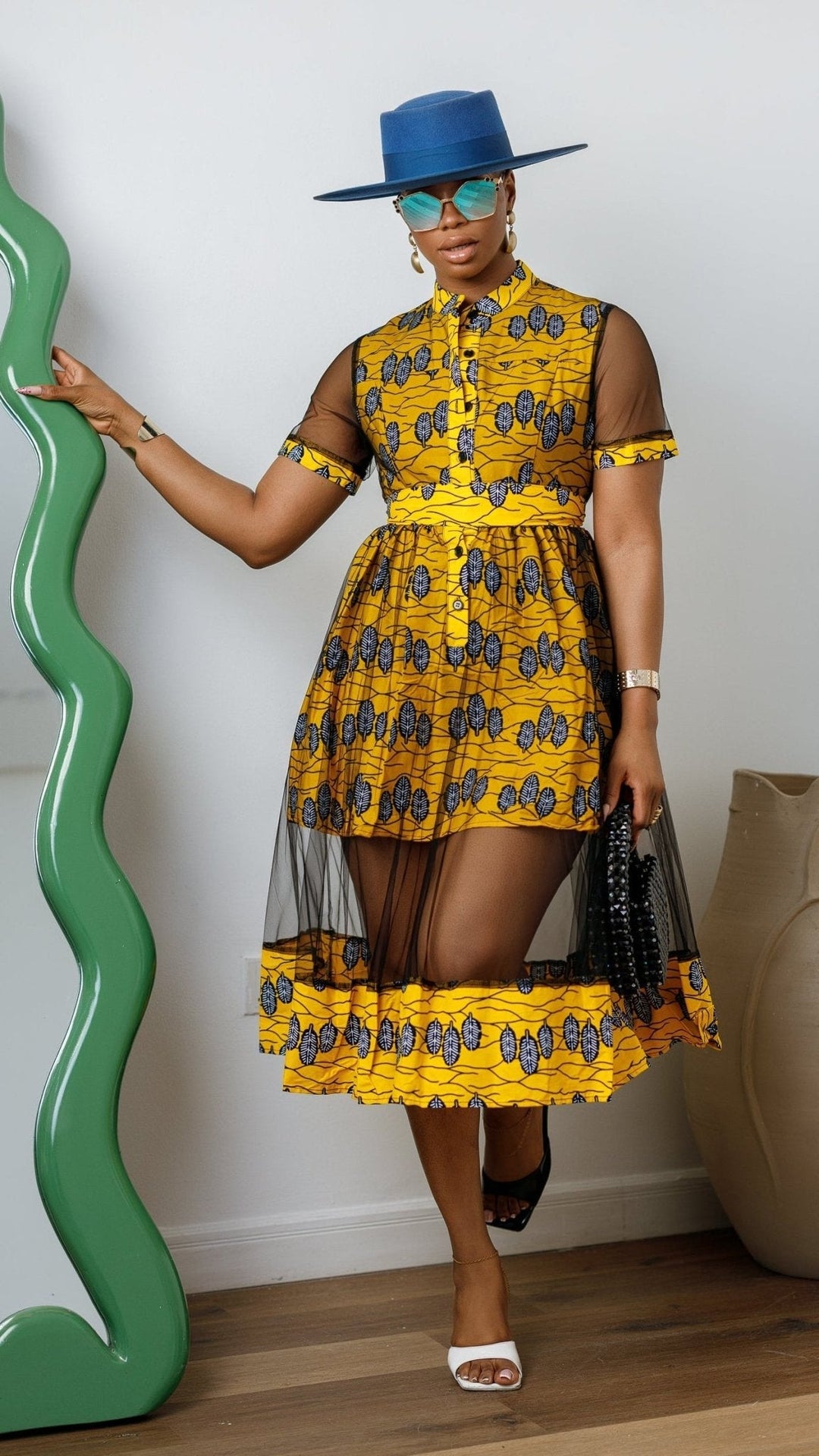 VALENTINA AFRICAN PRINT BUTTON MESH DRESS [YELLOW] - Especially Yours