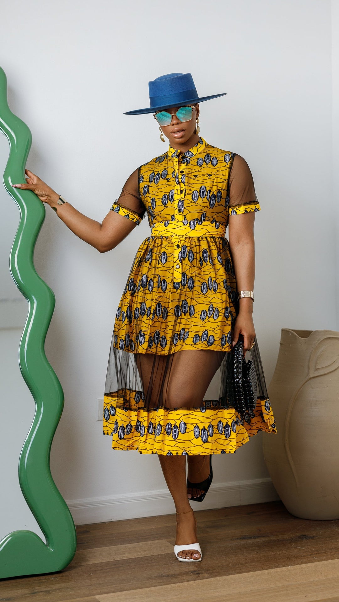 VALENTINA AFRICAN PRINT BUTTON MESH DRESS [YELLOW]
