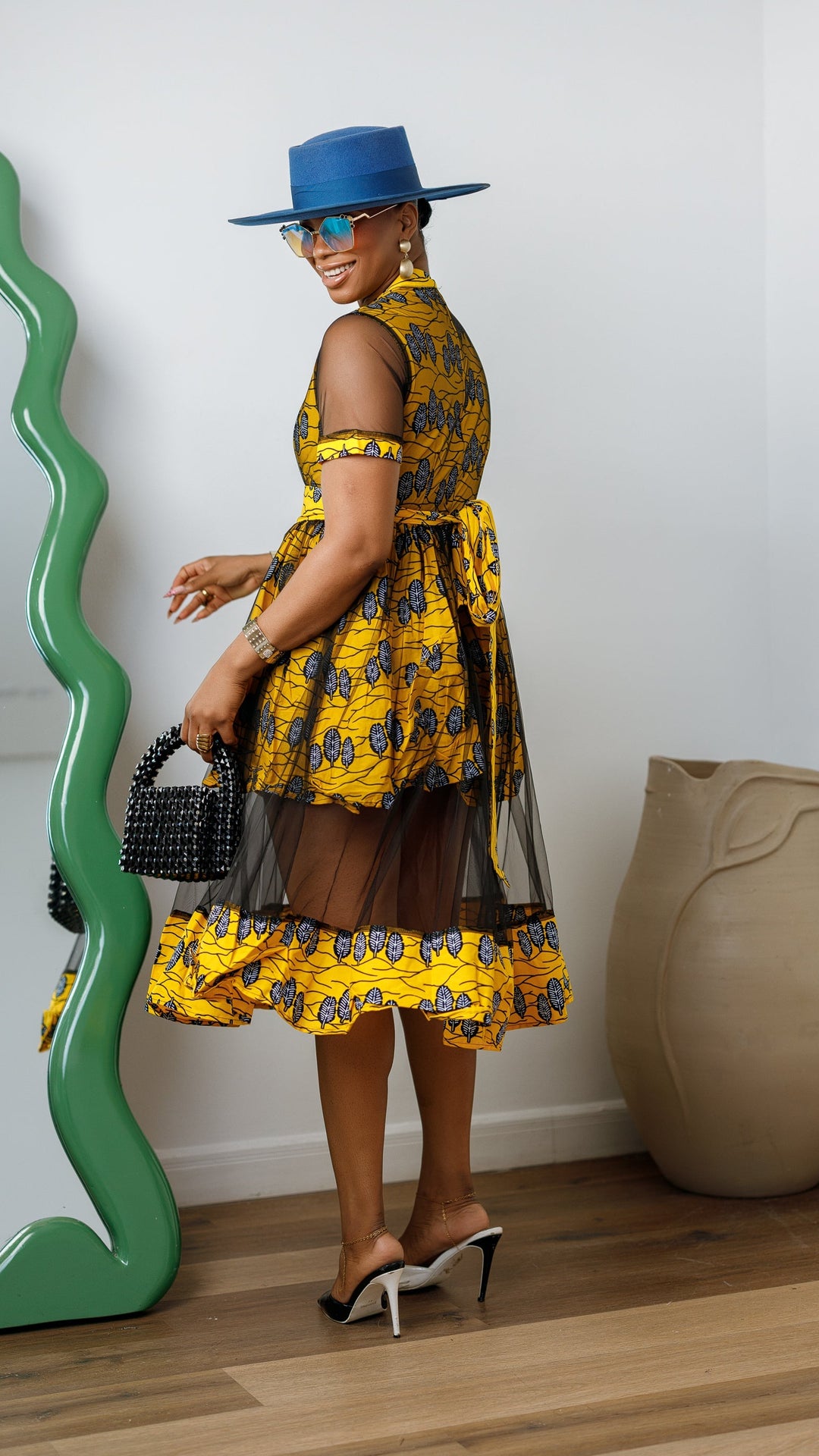 VALENTINA AFRICAN PRINT BUTTON MESH DRESS [YELLOW]