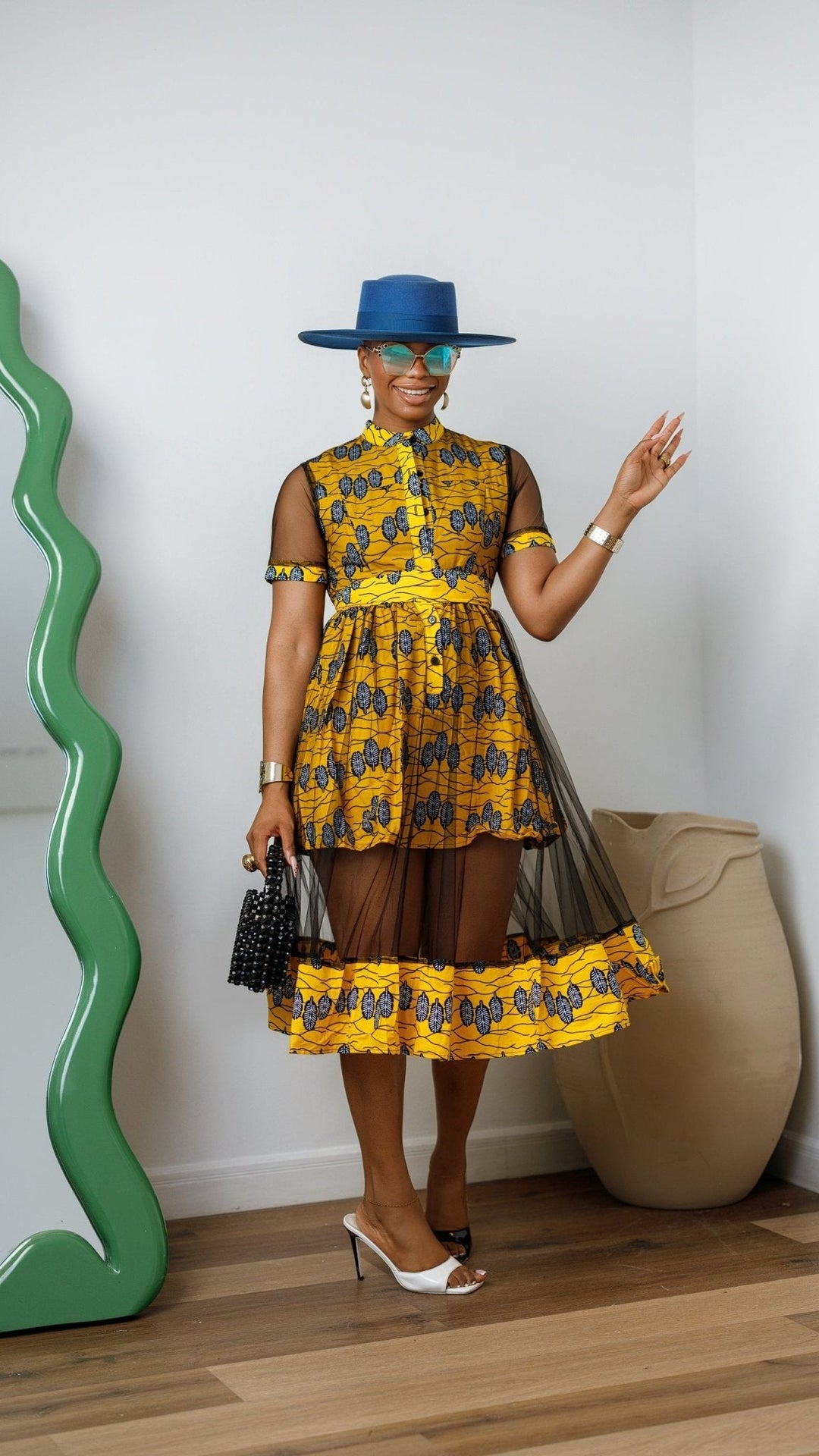 VALENTINA AFRICAN PRINT BUTTON MESH DRESS [YELLOW] - Especially Yours