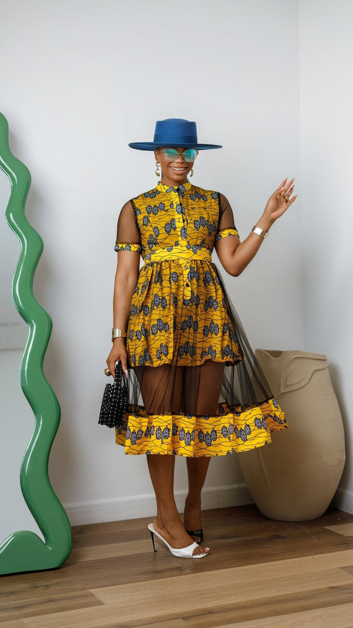 VALENTINA AFRICAN PRINT BUTTON MESH DRESS [YELLOW] - Especially Yours