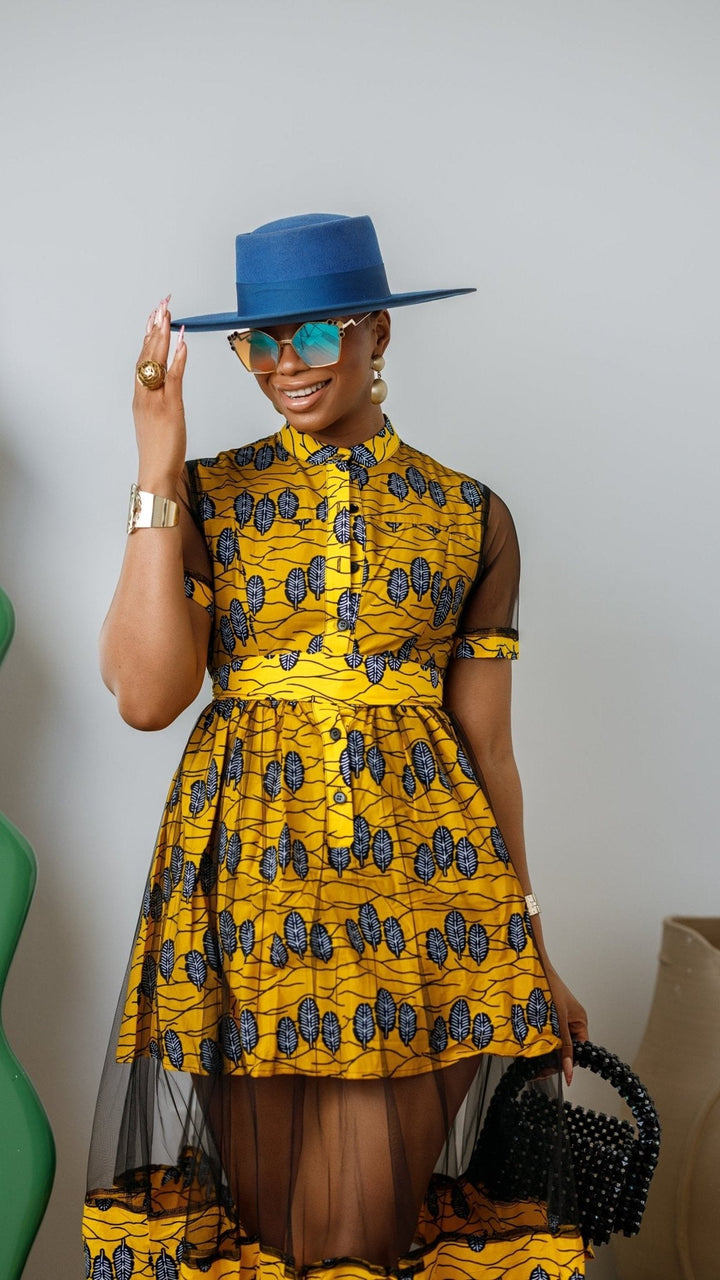VALENTINA AFRICAN PRINT BUTTON MESH DRESS [YELLOW] - Especially Yours