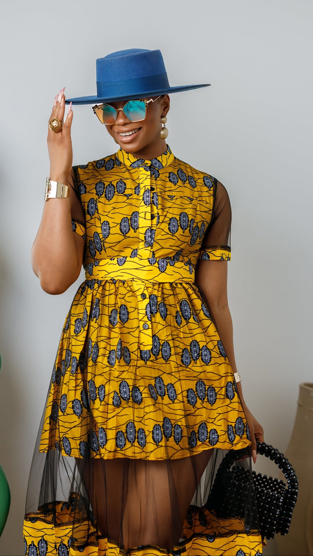 VALENTINA AFRICAN PRINT BUTTON MESH DRESS [YELLOW]