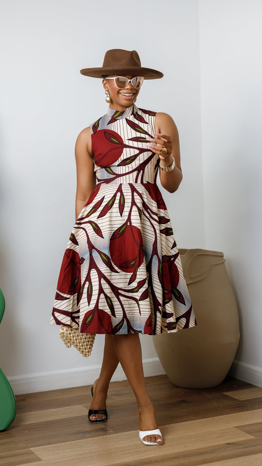 ZURI AFRICAN PRINT SLEEVELESS HIGH NECK MIDI DRESS [RED]----FINAL SALE
