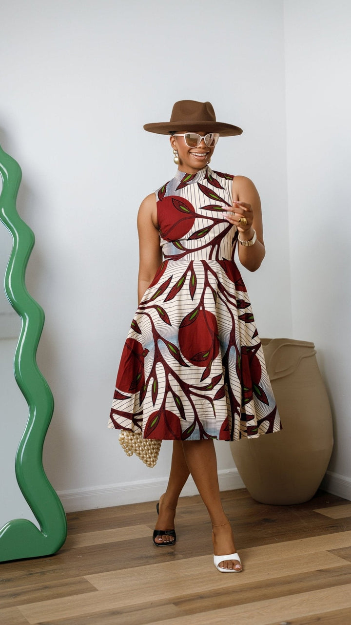 ZURI AFRICAN PRINT SLEEVELESS HIGH NECK MIDI DRESS [RED] - Especially Yours