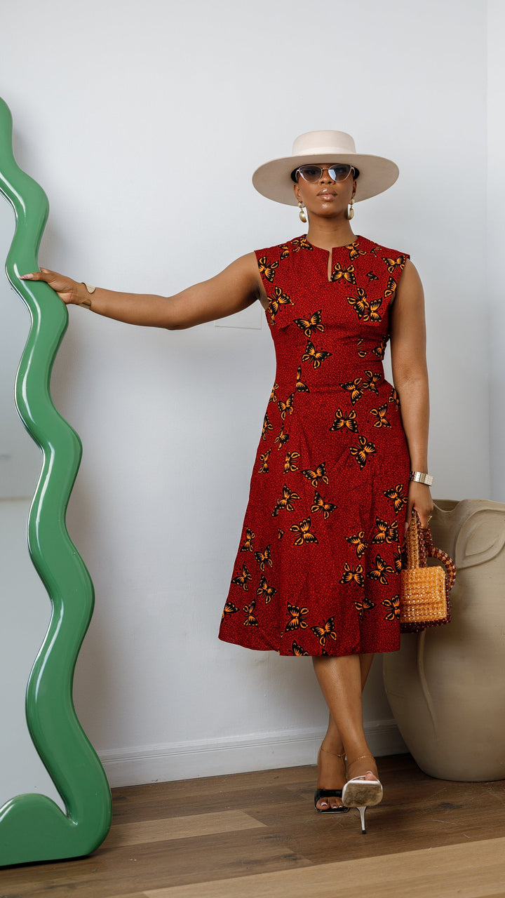 RAISA AFRICAN PRINT SLEEVELESS MIDI DRESS [RED]