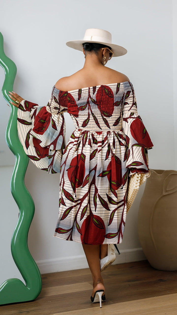 BISI AFRICAN PRINT SMOCKED OFF SHOULDER MIDI DRESS