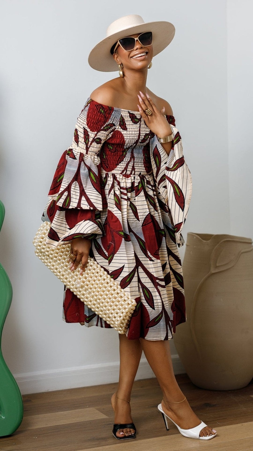 BISI AFRICAN PRINT SMOCKED OFF SHOULDER MIDI DRESS - Especially Yours