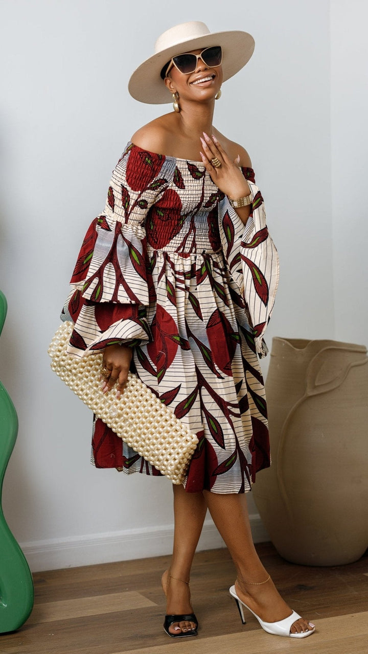 BISI AFRICAN PRINT SMOCKED OFF SHOULDER MIDI DRESS - Especially Yours