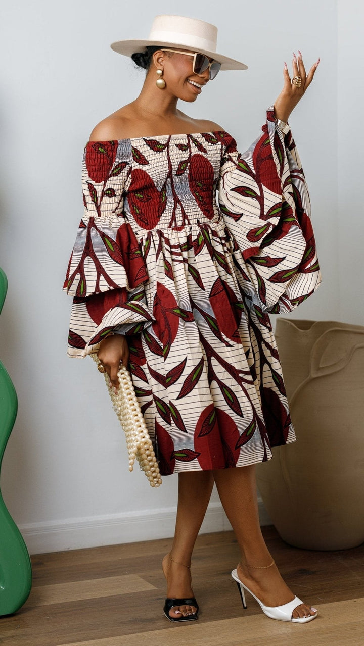 BISI AFRICAN PRINT SMOCKED OFF SHOULDER MIDI DRESS - Especially Yours