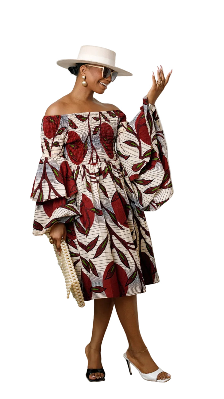 BISI AFRICAN PRINT SMOCKED OFF SHOULDER MIDI DRESS