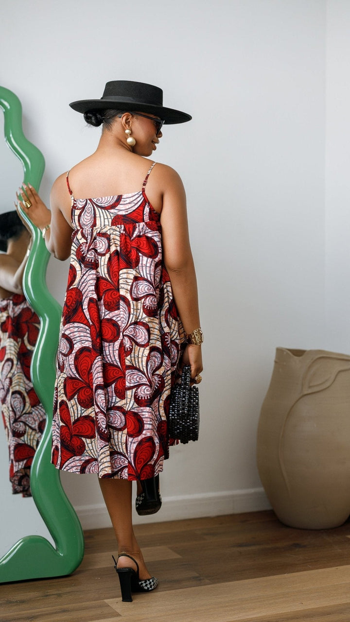 ELSIE AFRICAN PRINT SPAGHETTI STRAP MIDI DRESS [RED] - Especially Yours