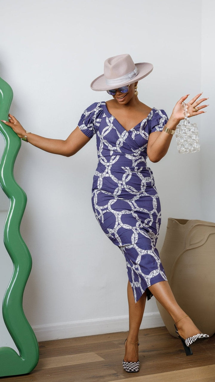 IDIA AFRICAN PRINT V-NECK PUFF SLEEVE MIDI DRESS - Especially Yours