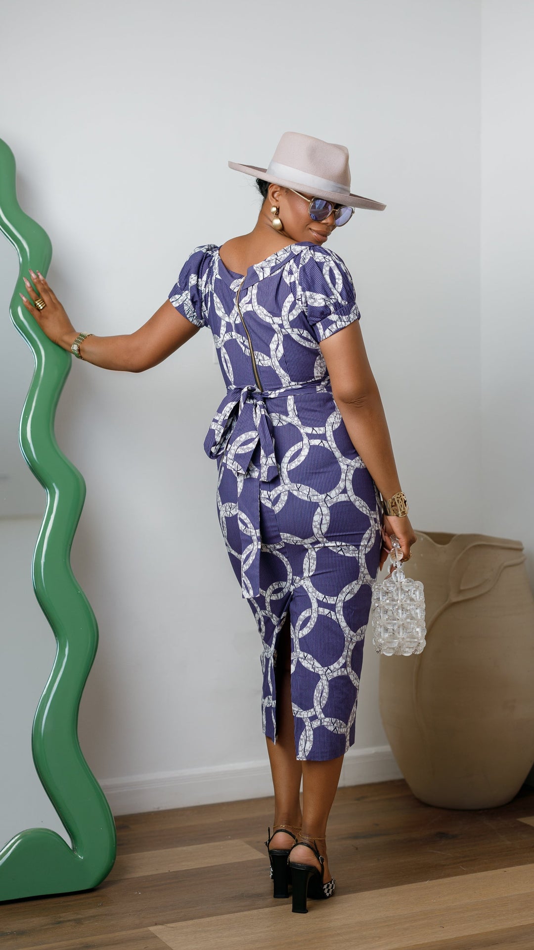 IDIA AFRICAN PRINT V-NECK PUFF SLEEVE MIDI DRESS