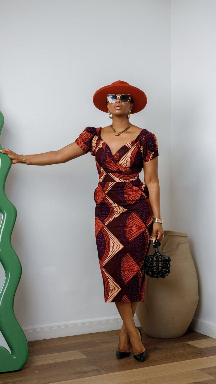 IDIA AFRICAN PRINT V-NECK PUFF SLEEVE MIDI DRESS [PURPLE] - Especially Yours