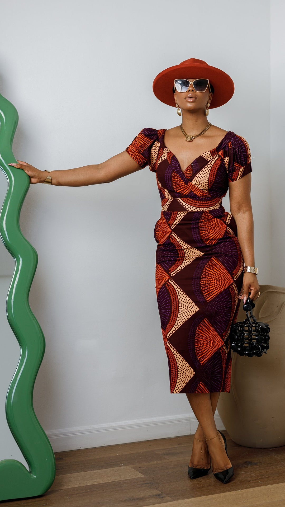 IDIA AFRICAN PRINT V-NECK PUFF SLEEVE MIDI DRESS [PURPLE]