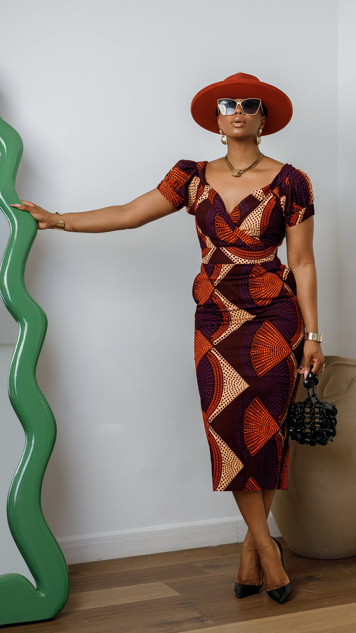 IDIA AFRICAN PRINT V-NECK PUFF SLEEVE MIDI DRESS [PURPLE]