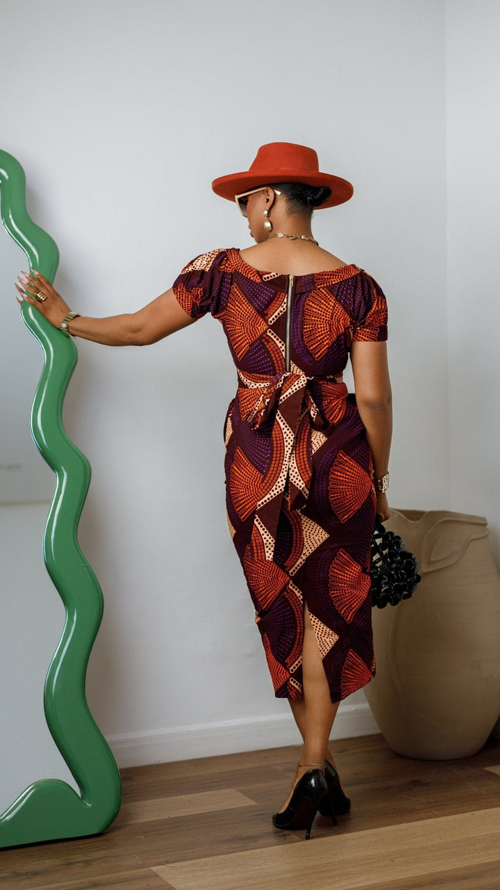 IDIA AFRICAN PRINT V-NECK PUFF SLEEVE MIDI DRESS [PURPLE] - Especially Yours