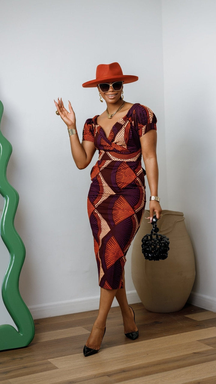 IDIA AFRICAN PRINT V-NECK PUFF SLEEVE MIDI DRESS [PURPLE] - Especially Yours