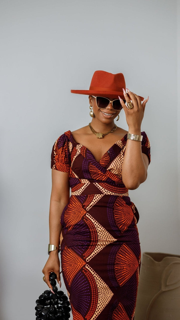 IDIA AFRICAN PRINT V-NECK PUFF SLEEVE MIDI DRESS [PURPLE] - Especially Yours