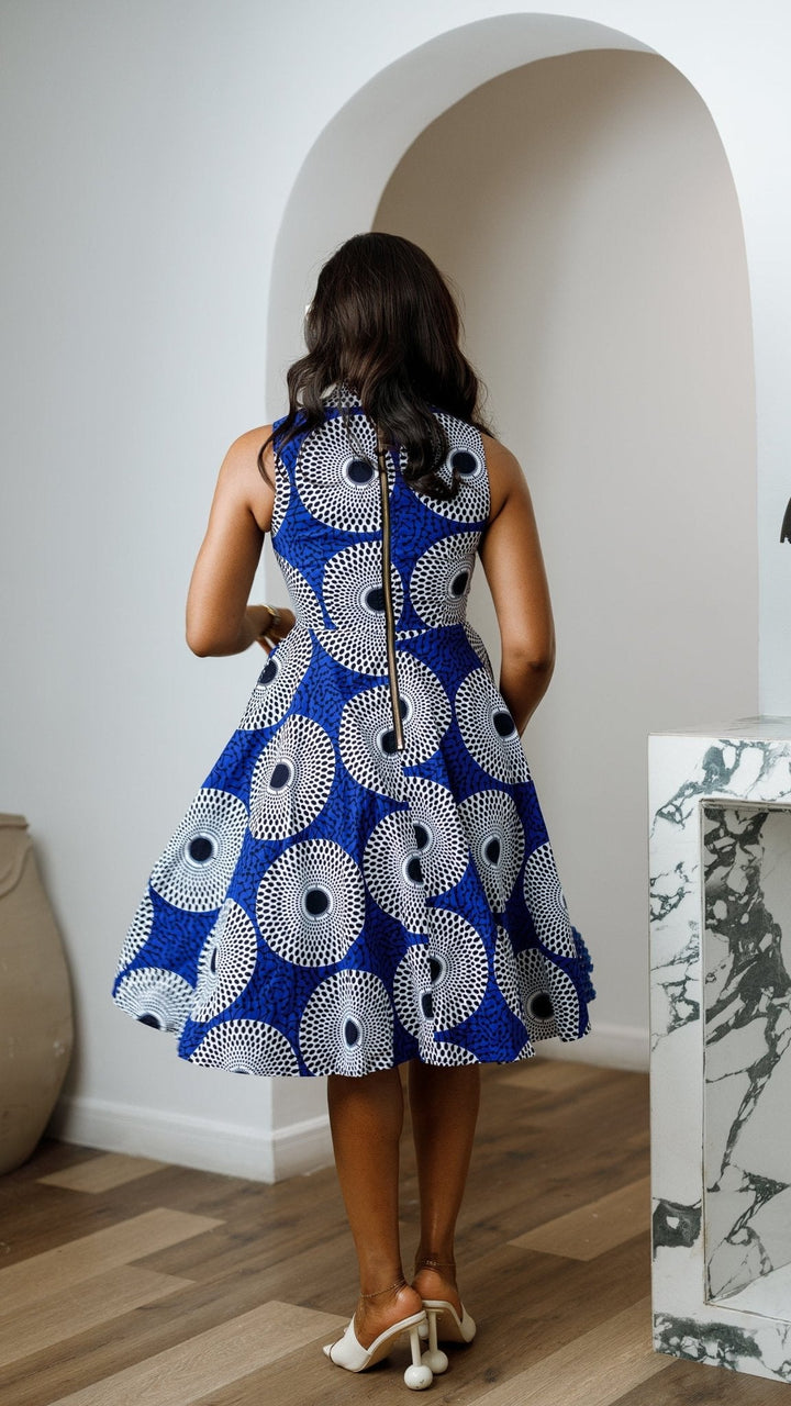ZURI AFRICAN PRINT SLEEVELESS HIGH NECK MIDI DRESS [BLUE] - Especially Yours