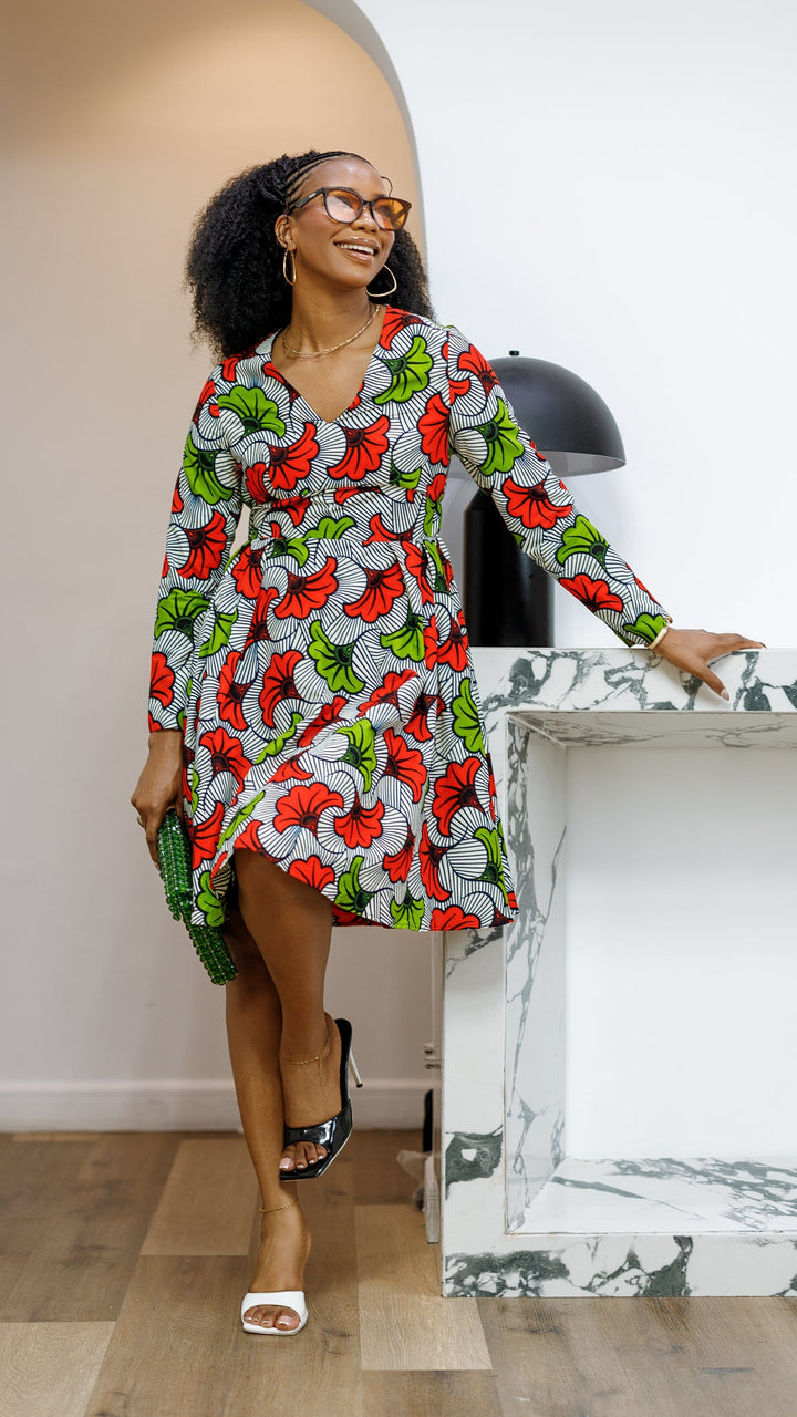 HIJA AFRICAN PRINT LONG SLEEVE MIDI DRESS [MULTICOLOR]----FINAL SALE