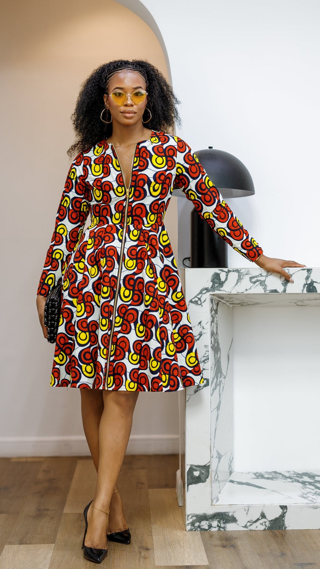 KEITA AFRICAN PRINT ZIP FRONT FLARE DRESS [MULTICOLOR]----FINAL SALE