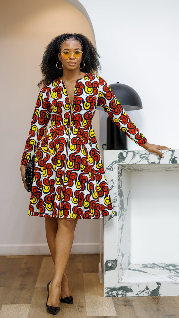 KEITA AFRICAN PRINT ZIP FRONT FLARE DRESS [MULTICOLOR]----FINAL SALE