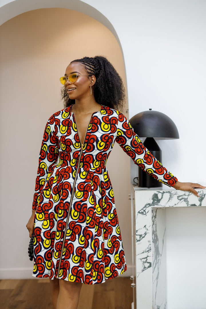 KEITA AFRICAN PRINT ZIP FRONT FLARE DRESS [MULTICOLOR] - Especially Yours